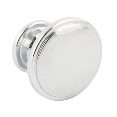 kitchen door handle henrietta knob. available in 2 finishes polished chrome or stainles steel effect. diameter 38mm, depth 26mm. made from zinc alloy