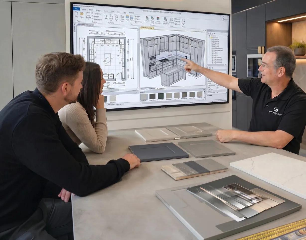 Kitchens4U designer presenting a 3D kitchen design to clients