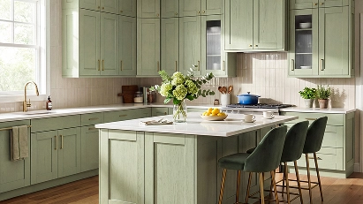 Classic shaker-style kitchen cabinets in sage green with a central island and bar stools.