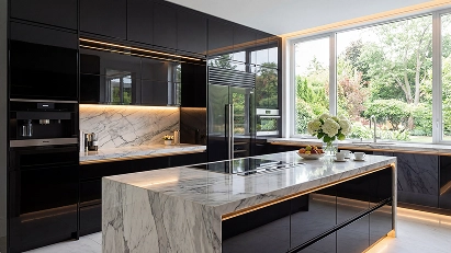 Black high-gloss kitchen cabinets with warm wood accents and a modern island workspace.