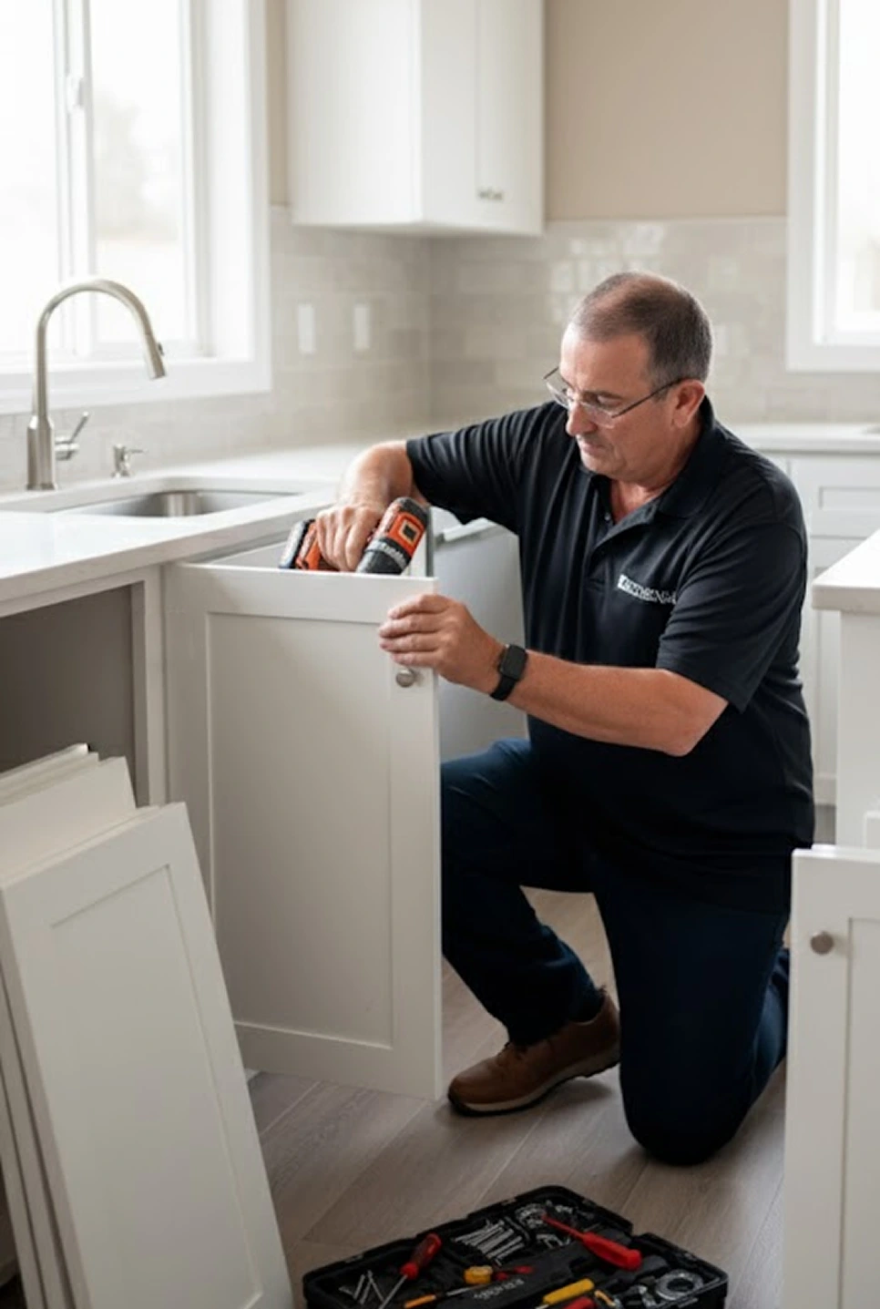 Expert kitchen installer fitting cabinets as part of a complete kitchen solution