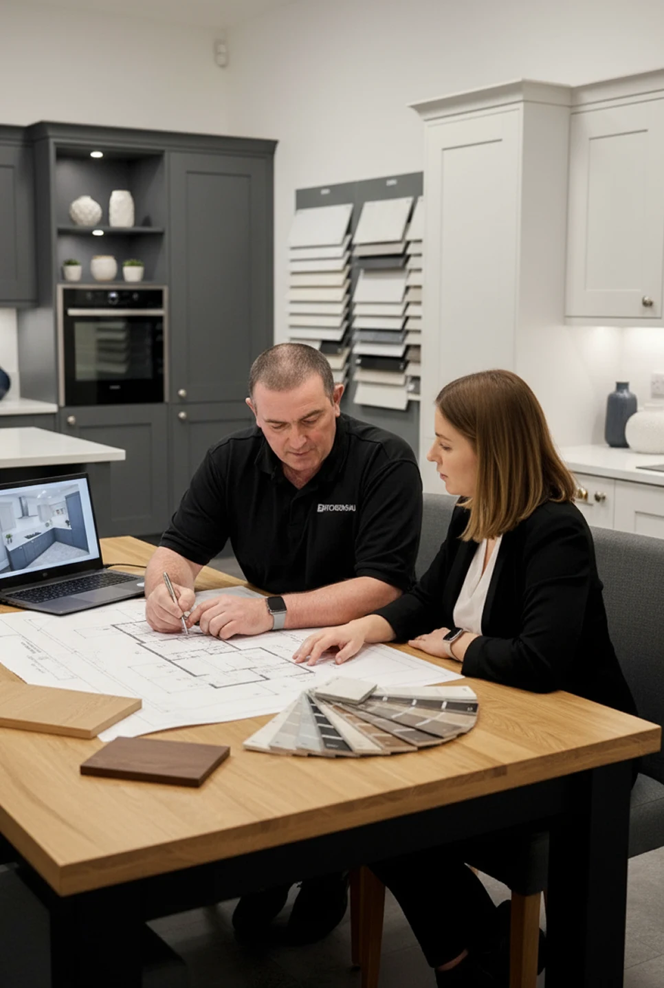 A dedicated Kitchens4U designer conducting a free, in-depth kitchen design consultation with Dublin homeowners, reviewing initial ideas and space requirements.