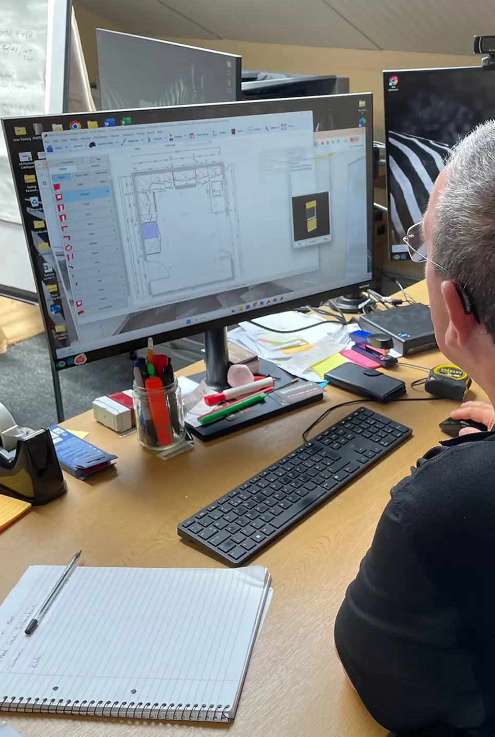 A kitchen designer from Kitchens4U explains a detailed custom layout and quotation to homeowners during the collaborative design process.