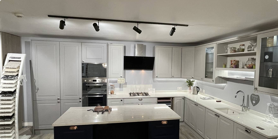 Step into a fully realized modern kitchen display at the Kitchens4U Dublin showroom, offering inspiration for sleek cabinetry, innovative storage, and contemporary finishes.