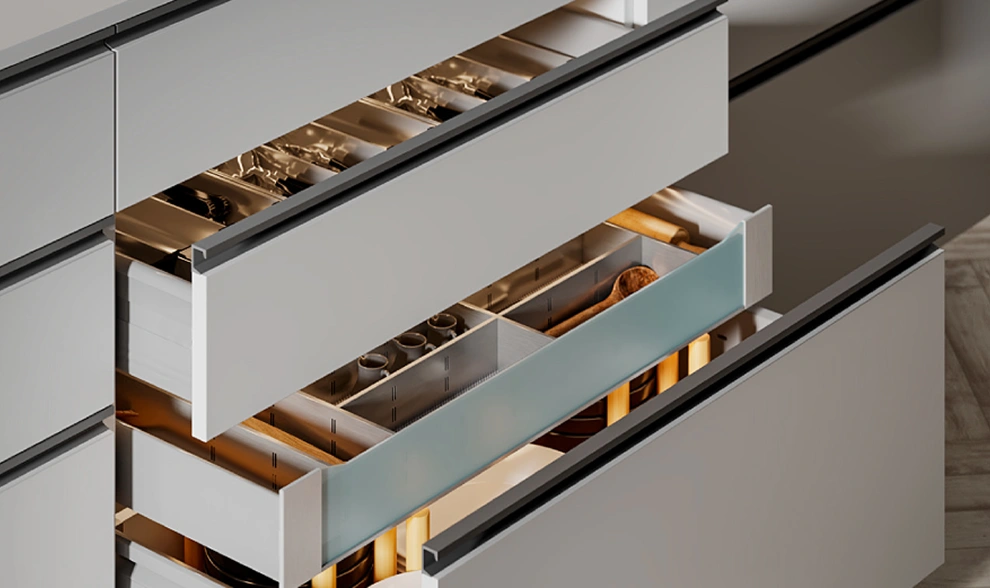 Close-up detail of premium kitchen cabinet materials: solid wood construction, soft-close hinges, and durable laminate finishes for lasting quality.