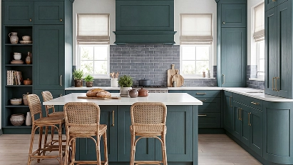Solid wood kitchen cabinets in deep green with a timber dining table and classic detailing.