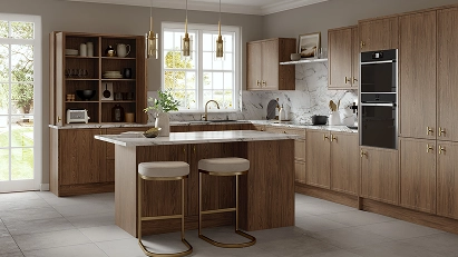 Woodgrain vinyl kitchen cabinets with a matching island, stools and a warm natural wood finish.