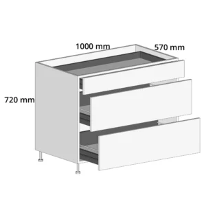 1000mm 3-Drawer Base Unit – Complete Cabinet, 1 Cutlery + 2 Pot Drawers Edged