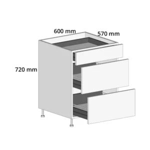 600mm 3-Drawer Base Unit – Complete Cabinet, 1 Cutlery + 2 Pot Drawers Edged