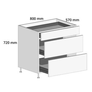 800mm 3-Drawer Base Unit – Complete Cabinet, 1 Cutlery + 2 Pot Drawers Edged
