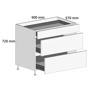 900mm 3-Drawer Base Unit – Complete Cabinet, 1 Cutlery + 2 Pot Drawers Edged