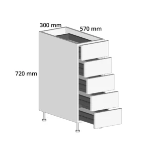 300mm 5-Drawer Base Unit – Complete Cabinet, 5 Cutlery Drawers Edged