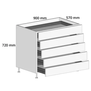 900mm 5-Drawer Base Unit – Complete Cabinet, 5 Cutlery Drawers Edged