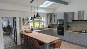 Classic Dust Grey In Frame Kitchen with Large Island and Timber Worktops