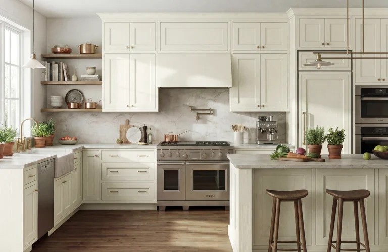 Warm and inviting traditional kitchen, where classic cabinetry with gentle detailing is illuminated in soothing neutral tones for a timeless feel.