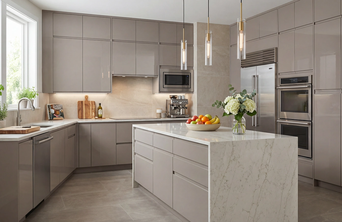 A sleek, modern kitchen featuring handleless cabinets that create a seamless look with clean, uninterrupted lines.