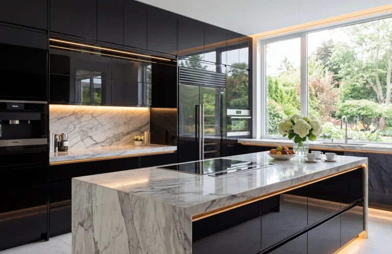 High gloss vinyl kitchen with sleek reflective surfaces for a bright modern interior