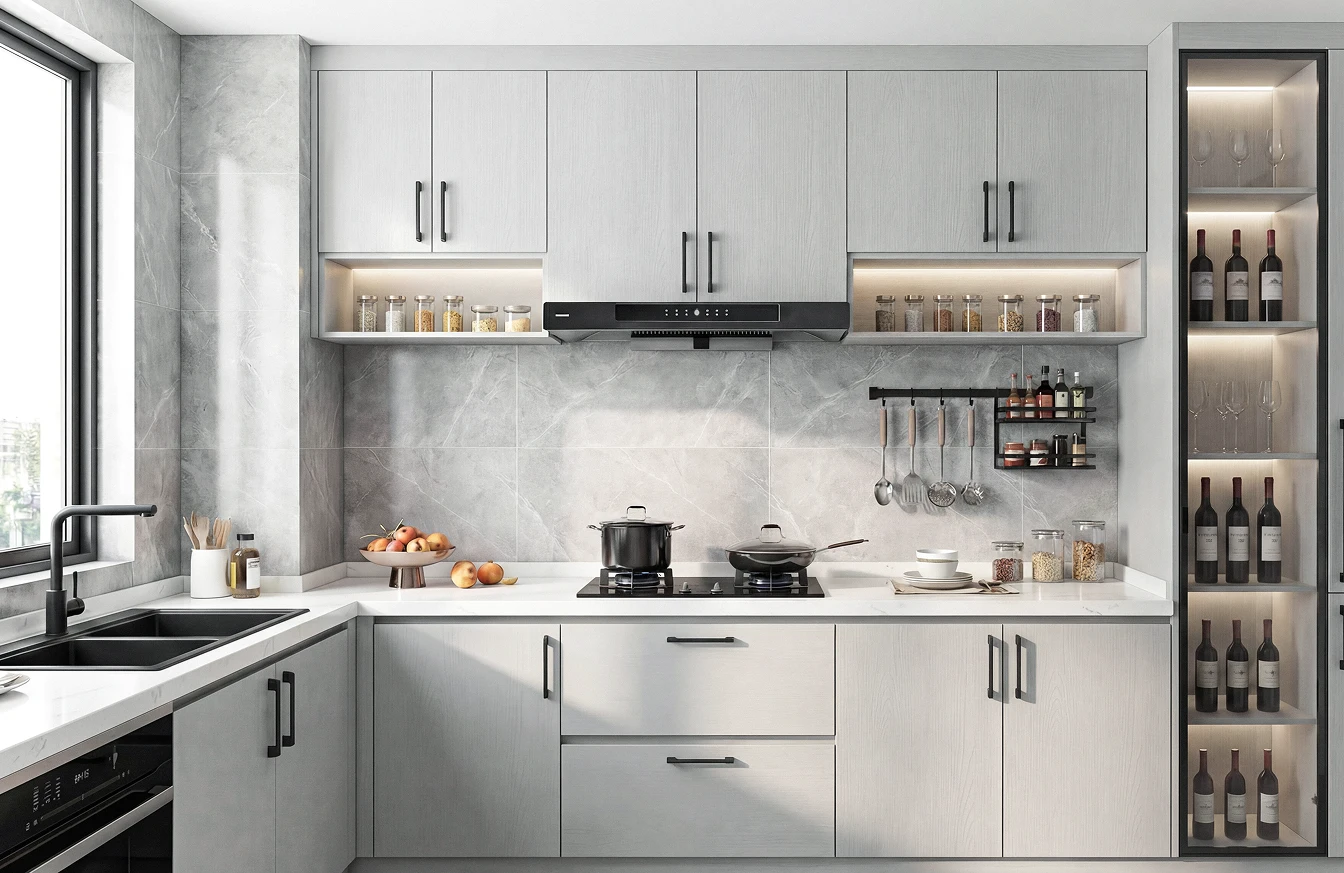 A range of modern kitchen cabinets and storage units featuring contemporary, durable finishes designed for streamlined organization and a clean aesthetic.