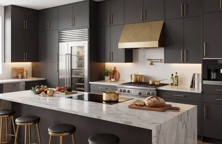 Elegant kitchen design centered around custom-colored, smooth-finish kitchen cabinets that create a sense of seamless luxury and refined taste.