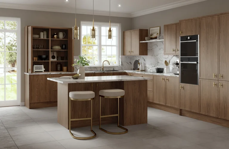 Woodgrain vinyl kitchen combining realistic wood texture with durable vinyl material
