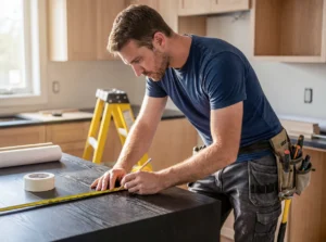 Installer measuring and marking kitchen worktop during on-site kitchen installation and fitting process