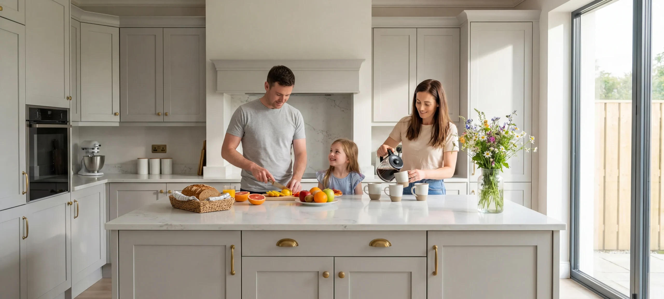 Family cooking together in a bright fitted kitchen featuring modern kitchen cabinets, flat pack kitchen solutions, and expert kitchen installation by Kitchens4U.