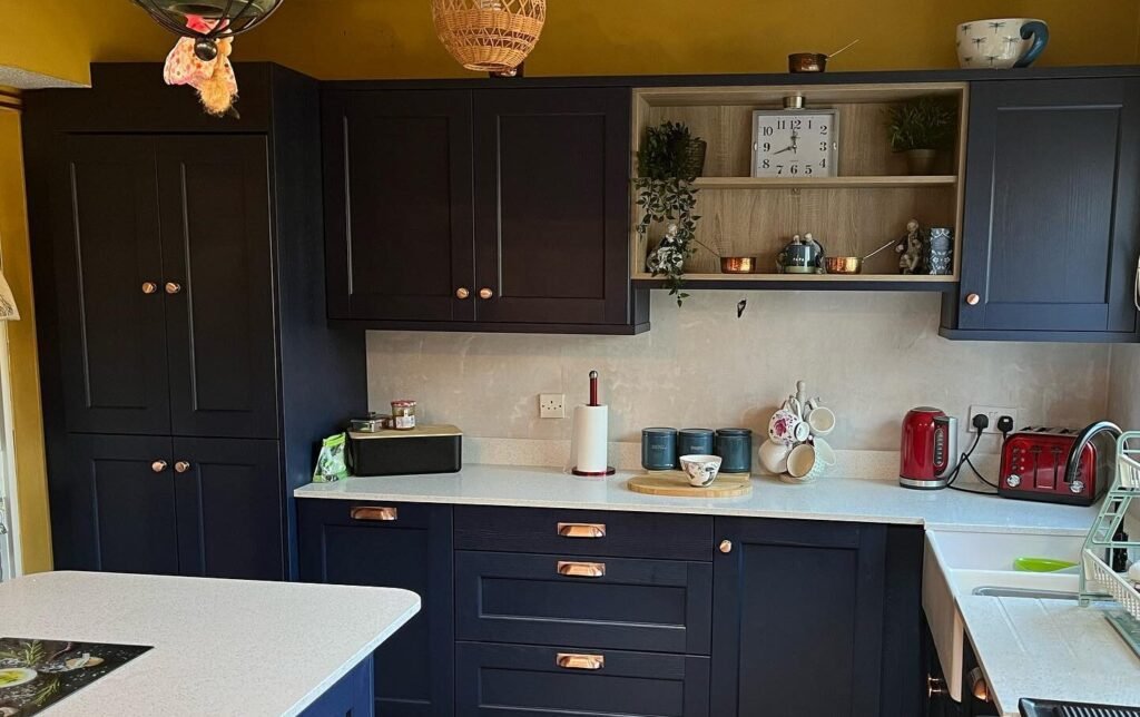 Bastille Door in Marine Blue with Starlite White Quartz Worktops & Double Belfast Sink | Dublin