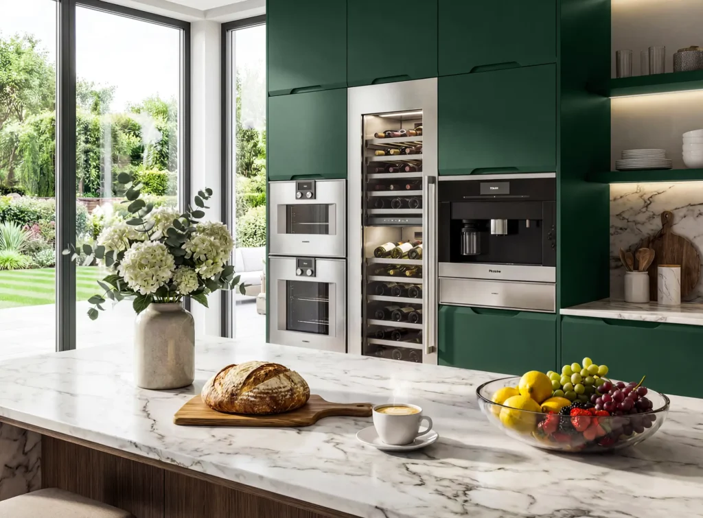Modern fitted kitchen with forest green cabinets, marble-effect worktops, integrated appliances, open shelving and a kitchen island.
