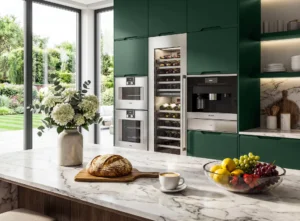Modern fitted kitchen with forest green cabinets, marble-effect worktops, integrated appliances, open shelving and a kitchen island.