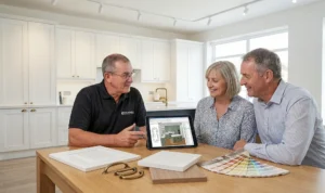 Kitchen design consultation with 3D plans and colour samples