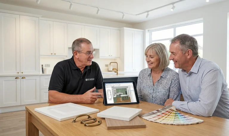 Kitchen design consultation with 3D plans and colour samples