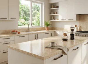 Beige Royal Marble laminate kitchen worktop with a soft beige marble effect finish for a warm elegant kitchen
