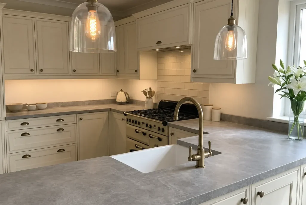 Grey laminate kitchen worktop with cream shaker cabinets for homes in Ireland