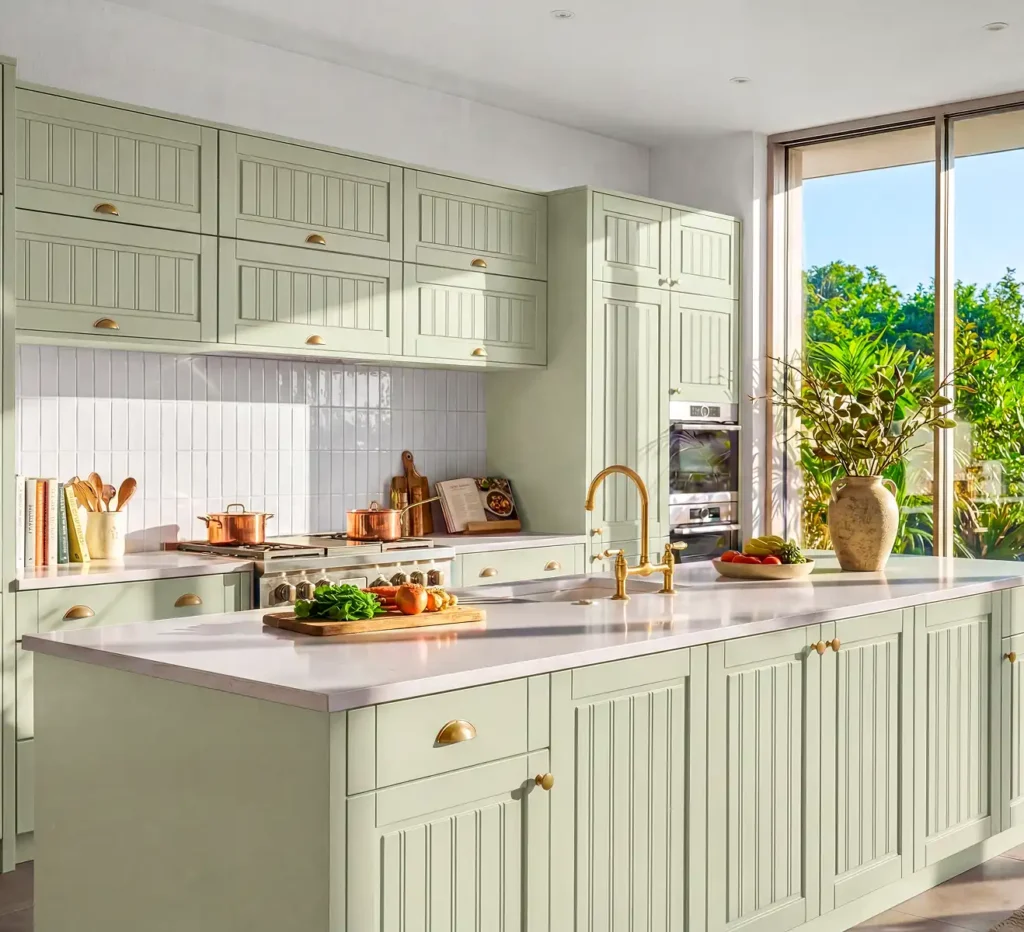 Sage green beaded kitchen with island and brass handles
