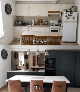 Before and after handleless slab kitchen renovation in Dublin with dark green island and tall storage.