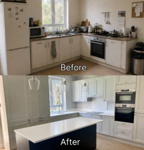 Before and after shaker kitchen renovation in Dublin with marine blue island and fitted storage.