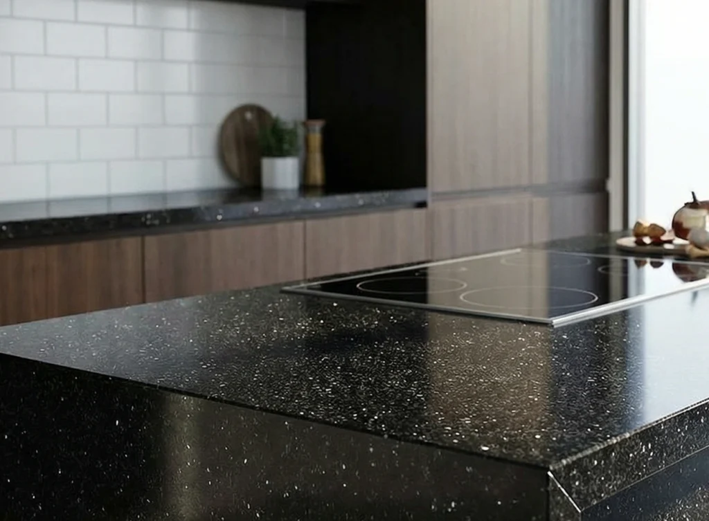 Black stone-effect laminate worktop with integrated hob in an Irish kitchen.