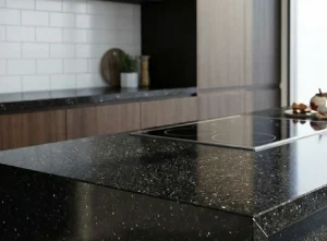 Black stone-effect laminate worktop with integrated hob in an Irish kitchen.