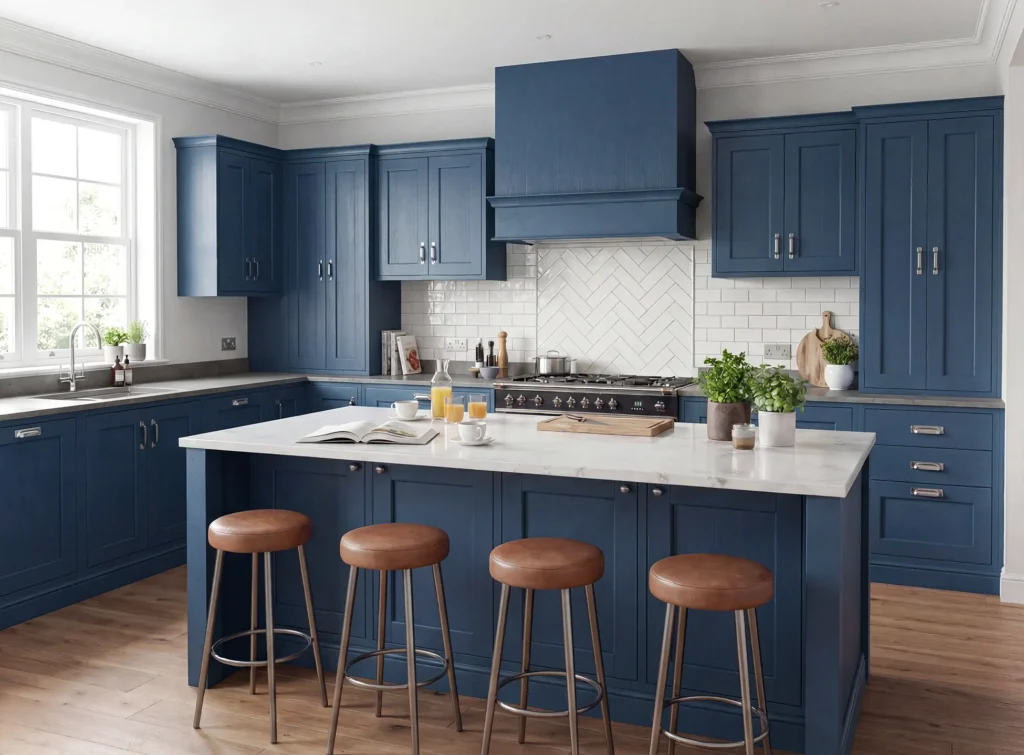 Blue shaker flat pack kitchen with island