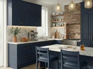 Dark blue fitted kitchen cabinets with island in a modern Dublin home