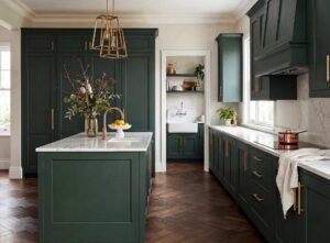 Dark green fitted kitchen with island and marble worktops in Dublin, Ireland