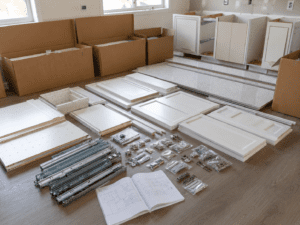 Flat pack kitchen cabinet parts for fitted kitchen installation in Ireland