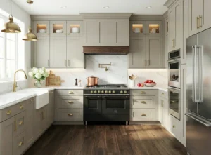 Flat pack kitchen cabinets in Ireland with shaker-style doors, brass handles, marble-style worktop and modern fitted appliances
