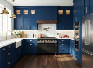 Blue shaker flat pack kitchen in Ireland with white worktops