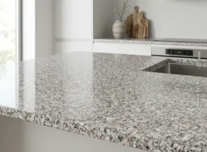 Granite kitchen worktop with sink in a modern Irish kitchen.