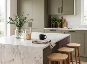 Green kitchen island with marble worktop in an Irish home