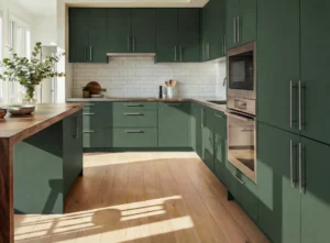 Green modern fitted kitchen cabinets with tall storage in an Irish home