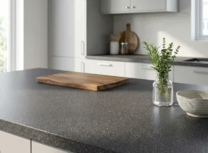 Grey laminate kitchen island worktop with modern cabinets in an Irish kitchen.
