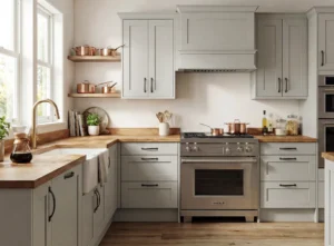 Grey shaker flat pack kitchen with wood worktops
