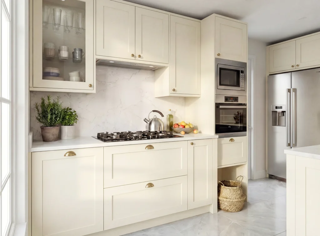 Kitchen renovation in Ireland featuring cream shaker cabinets, marble-effect worktop and modern fitted appliances